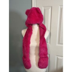 Pink Faux Fur Winter Hat With Ears, Scarf With Paws, Size 8-16, Girls